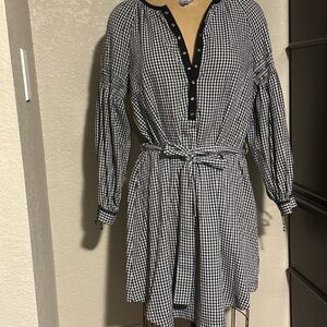 Topshop Black and White Gingham Eyelet Belted Dress